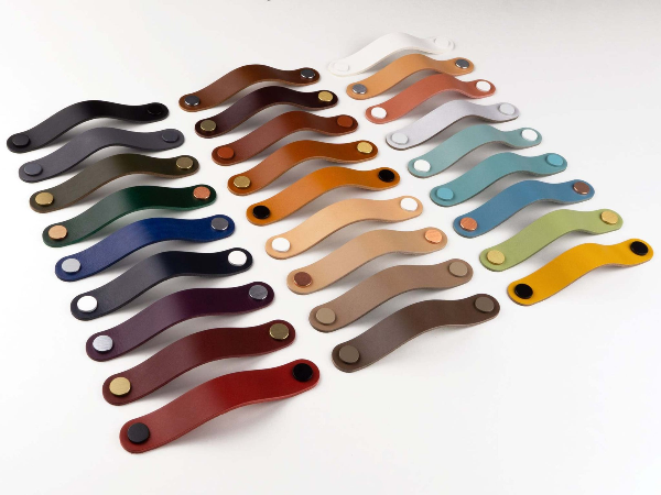 leather pulls for cabinets and dressers, 27 colors on a white board
