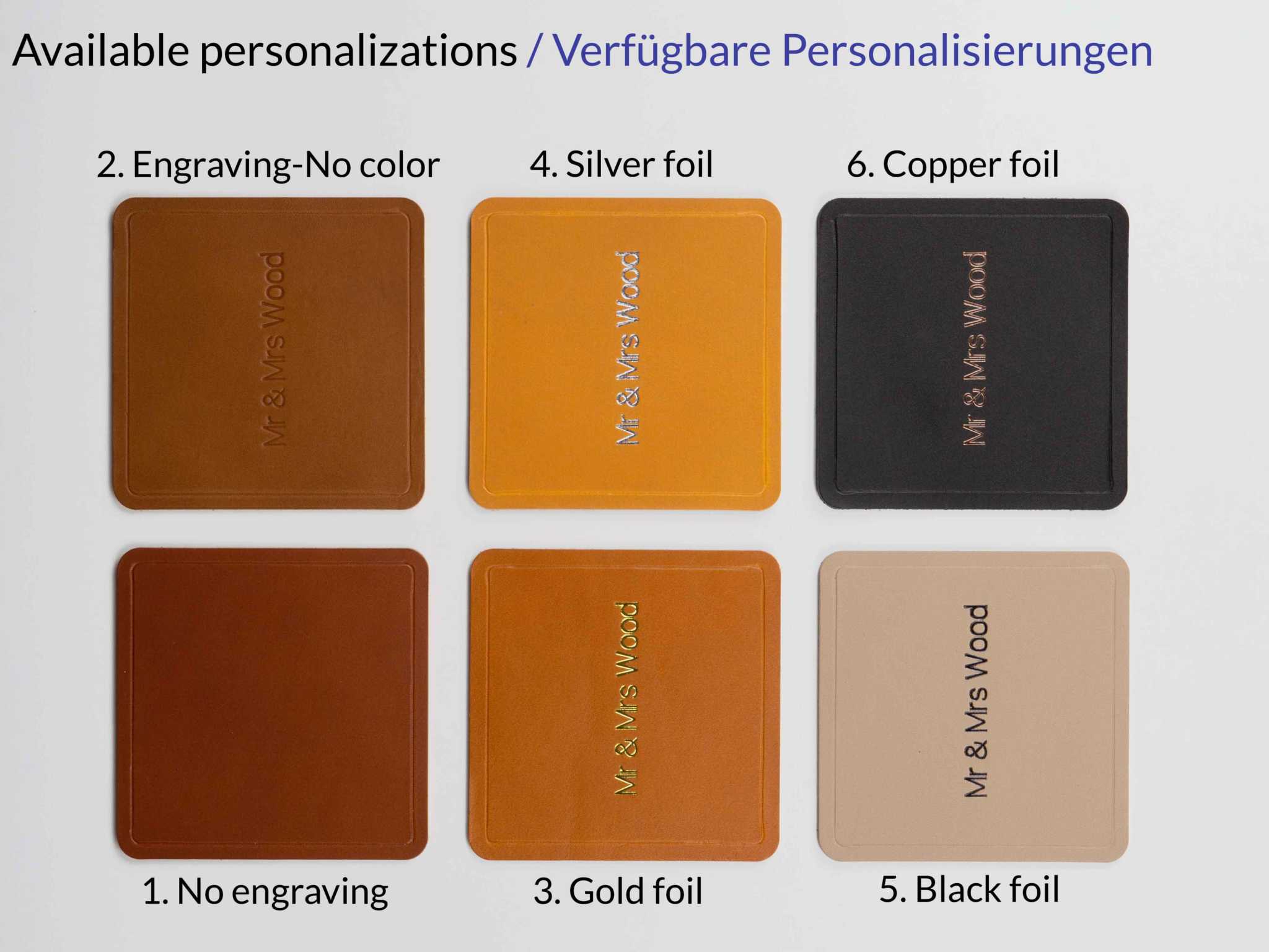 Gepersonaliseerde onderzetters van Italiaans leer in zes kleuren met graveer- en foliedrukopties, waaronder zilver, goud, zwart en koper.