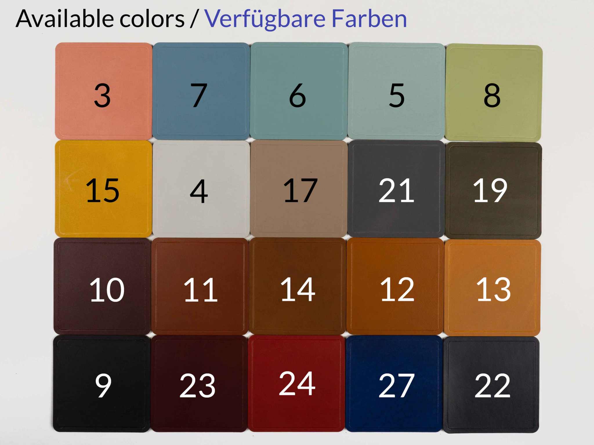 Vierkante gepersonaliseerde leren onderzetters in 18 kleuren, hoogwaardig Italiaans plantaardig gelooid leer met harsrug.