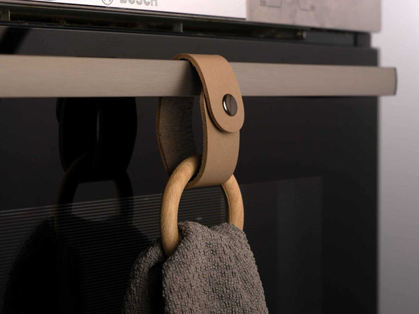 Oven Towel Holder Ring, Leather & Wood cappuccino