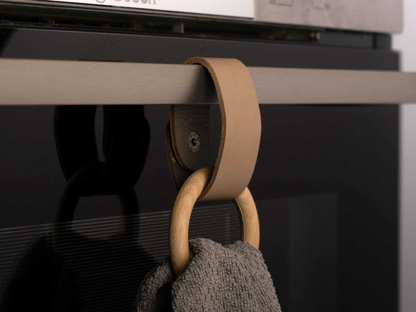 Oven Towel Holder Ring, Leather & Wood cappuccino