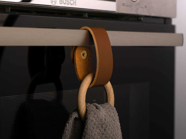Oven Towel Holder Ring from medium brown leather