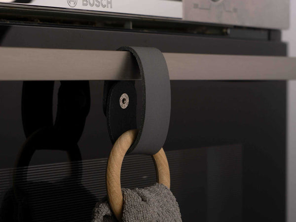 Oven Towel Holder Ring, Leather & Wood grey