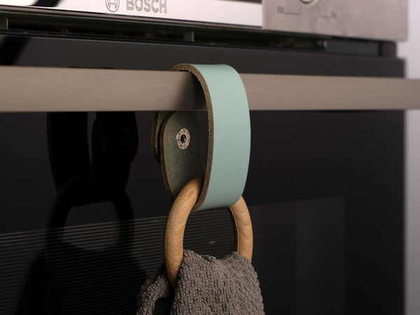 Oven Towel Holder Ring from light blue leather