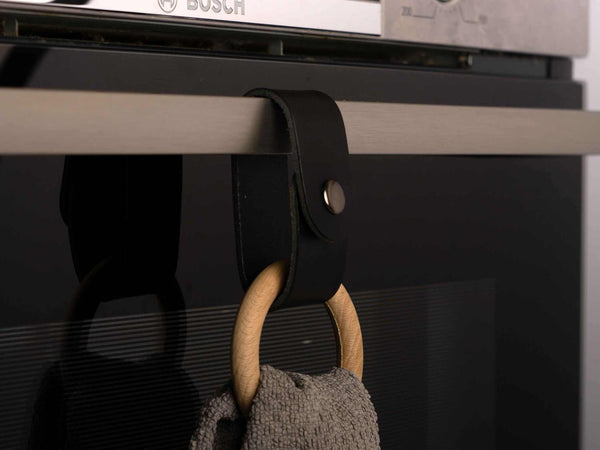 Oven Towel Holder Ring, Leather & Wood – Minimalist Kitchen Storage