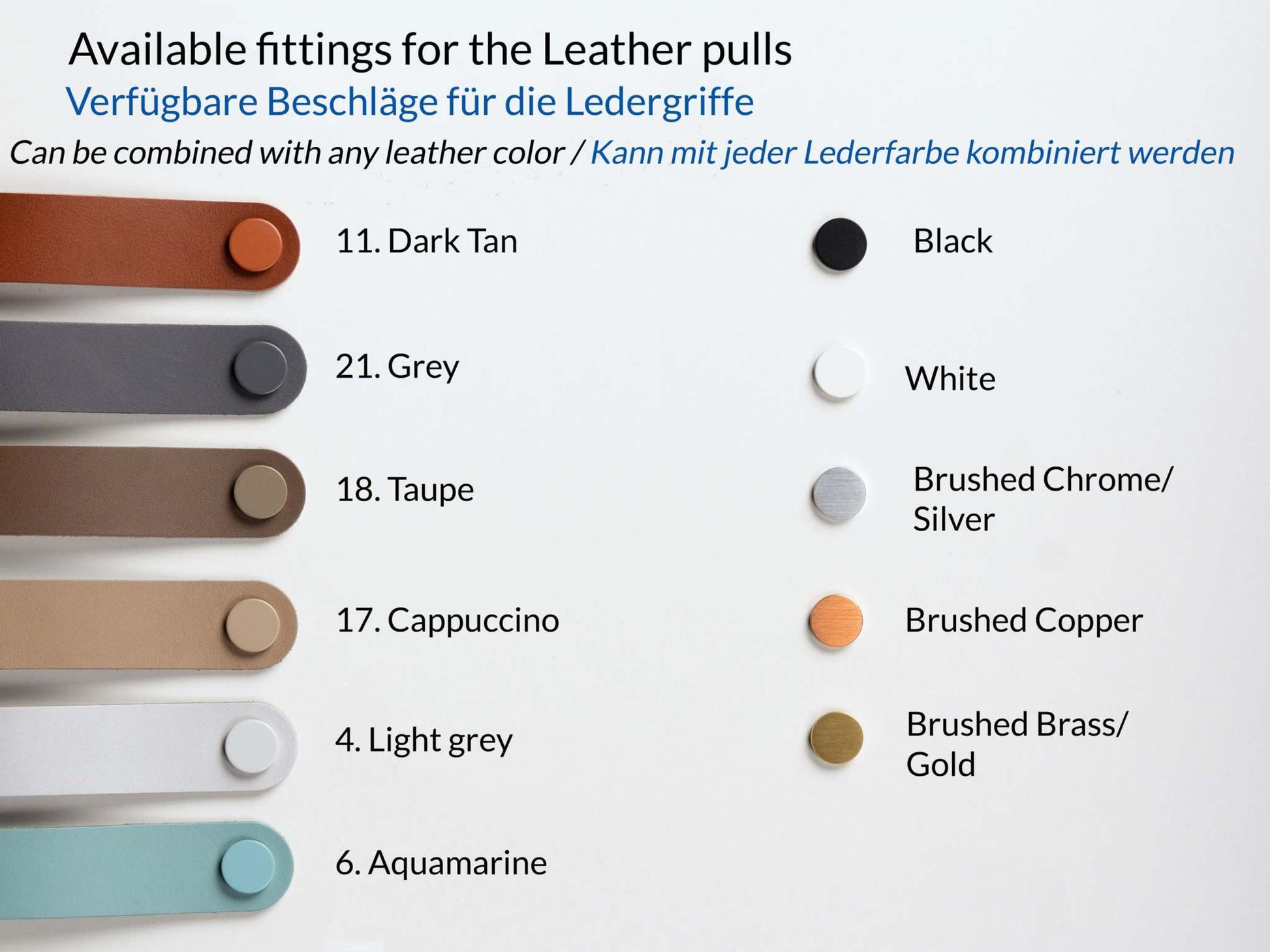 Selectie van beslag en kleuren voor MINI lederen ladegrepen, waaronder donkerbruin, grijs, taupe, cappuccino, lichtgrijs en aquamarijn, met opties voor zwart, wit, geborsteld chroom, koper en messing beslag.