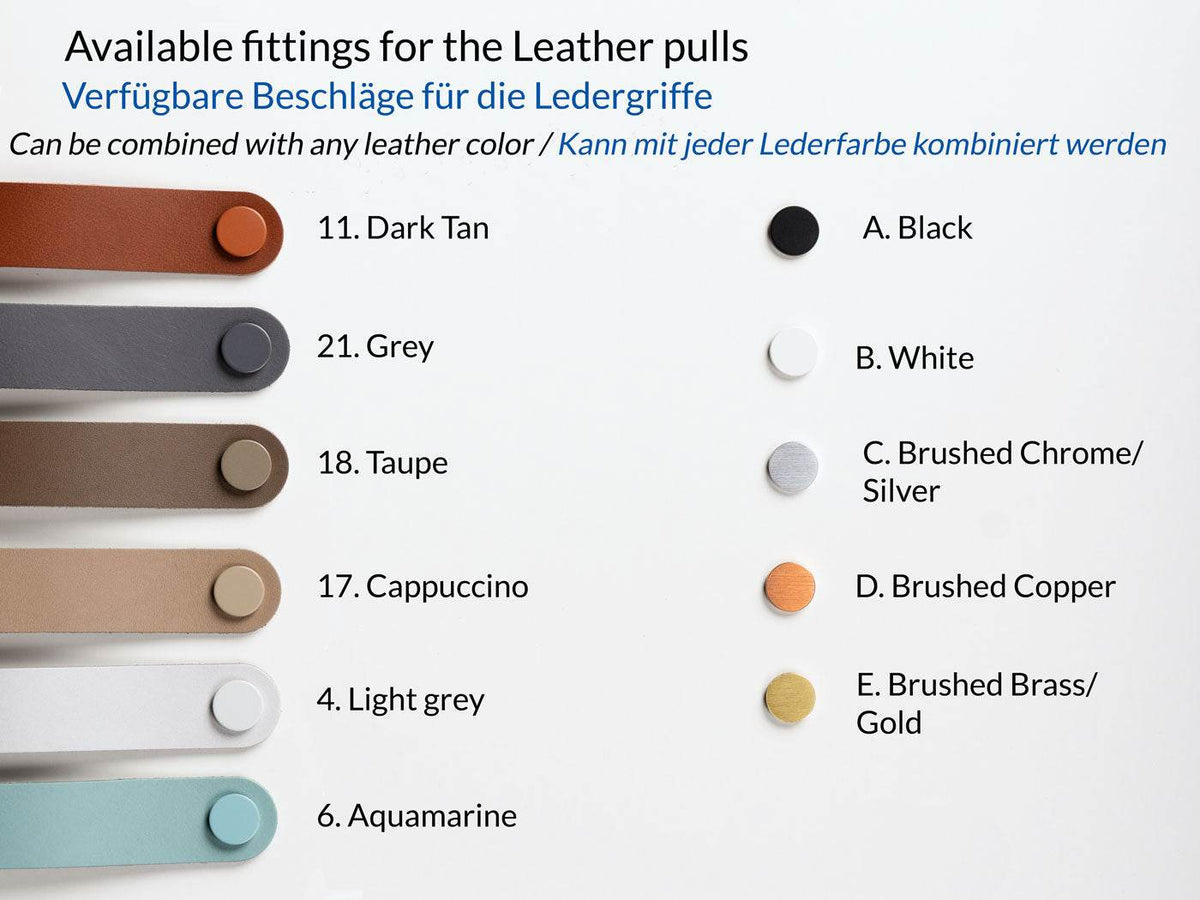 Leather & Furniture Knobs sample board showing six leather pull colors including dark tan, grey, taupe, cappuccino, light grey, aquamarine with matching knob finishes in black, white, brushed chrome, copper, and brass gold.