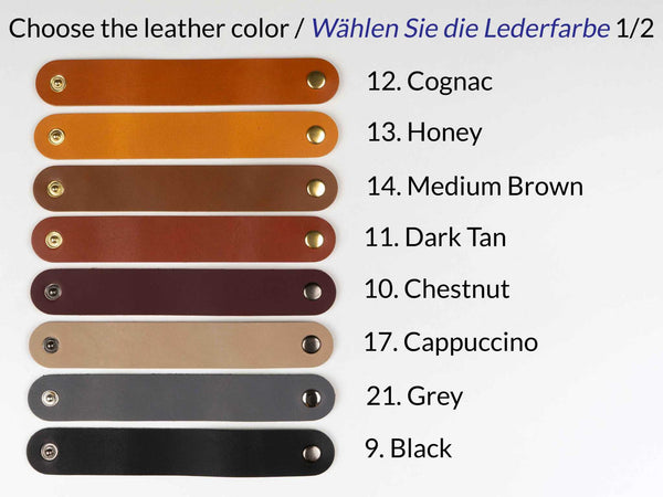 Leather color swatches with corresponding names on a white background
