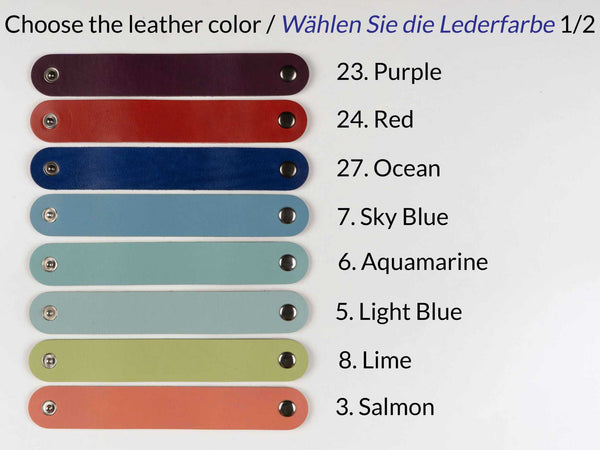 Color swatches for leather selection with corresponding numbers and names.