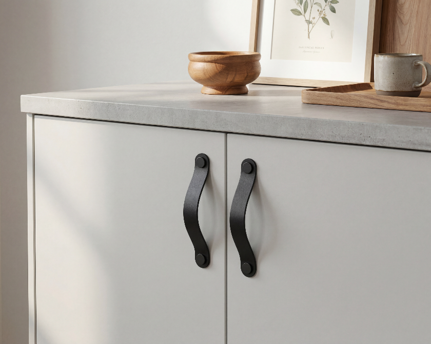 black leather pulls on grey minimalistic scandinavian cabinet, rowzec design