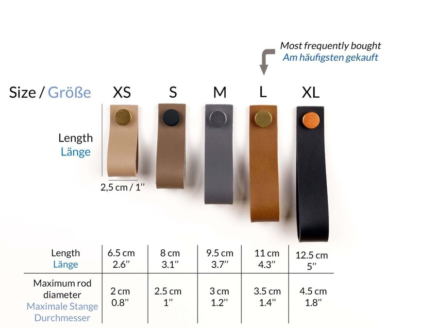 Size chart for leather straps with color options and dimensions.