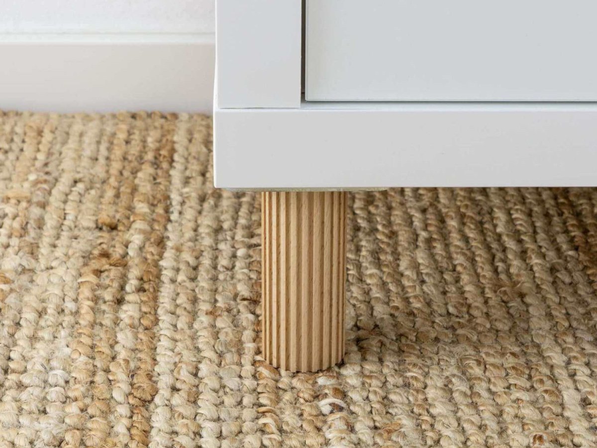 fluted furniture wood legs, ribbed design, installed on Ikea Kallax