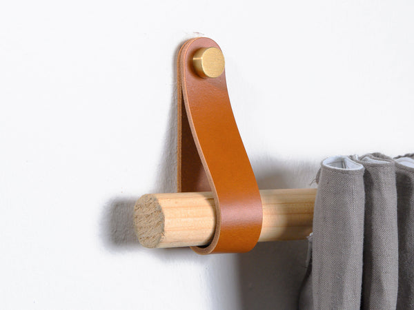 leather curtain rod holder cognac brown