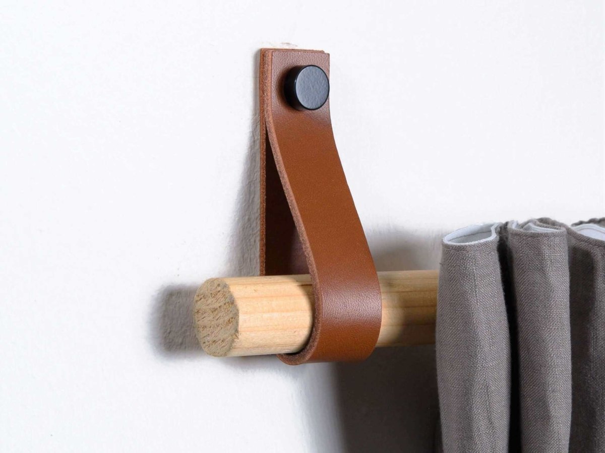 leather curtain rod holders dark tan brown