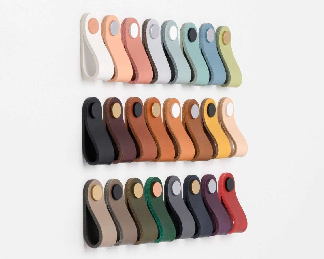 Leather  pulls in 27 leather colors, cabinet hardware, rowzec design