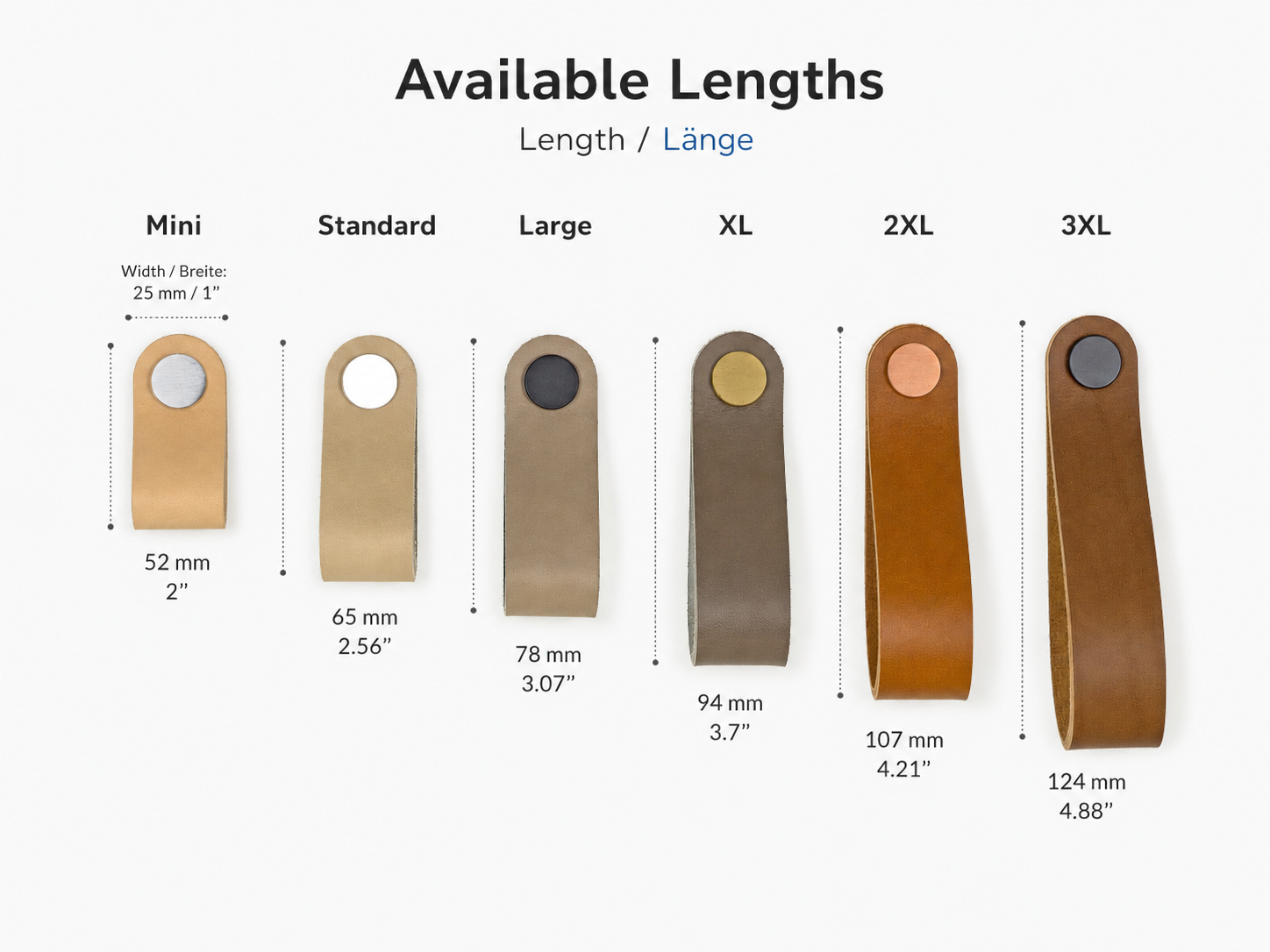 Poignée minimaliste en cuir pour meubles, disponible en différentes longueurs, fabriquée à la main à partir de cuir italien haut de gamme