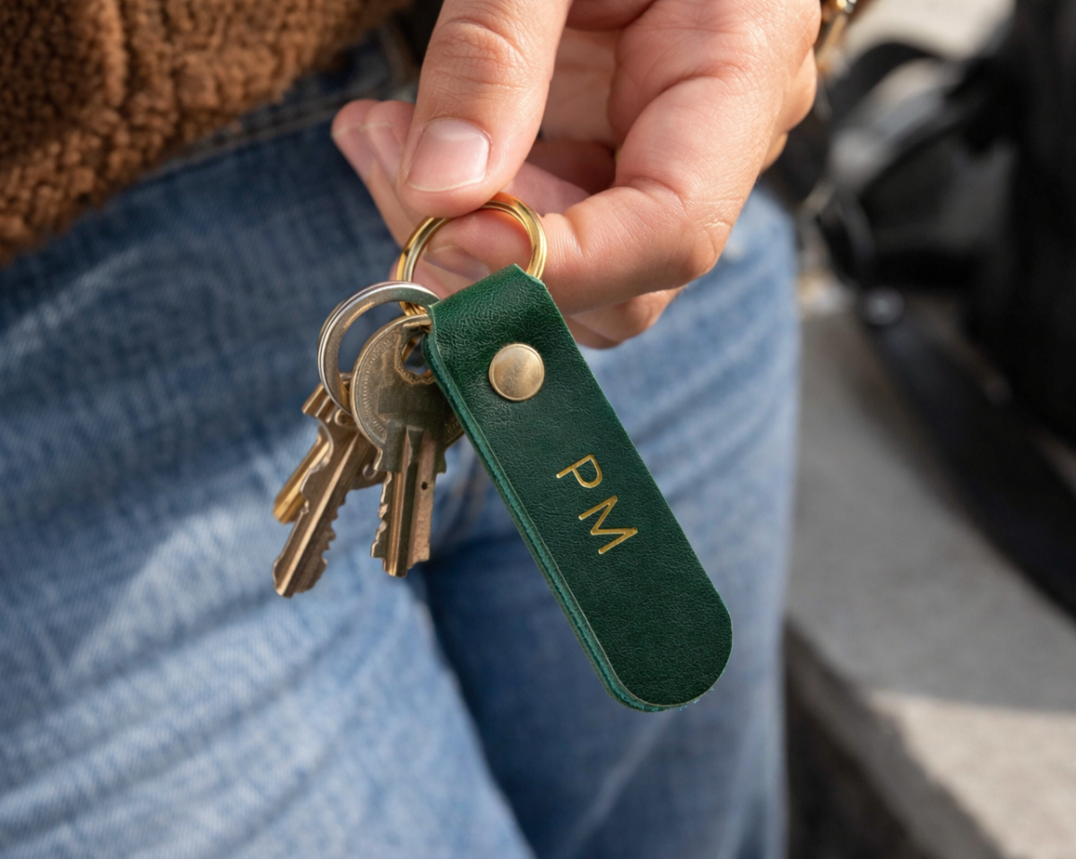 dunkelgrüner Leder-Schlüsselanhänger, personalisiert mit goldener Prägung, eine Hand, die ihn hält