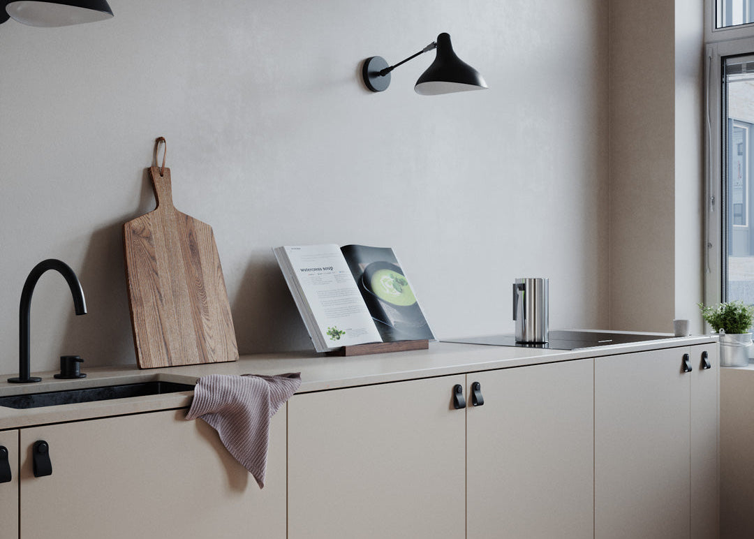 modern scandinavian kitchen with black leather pulls, rowzec design