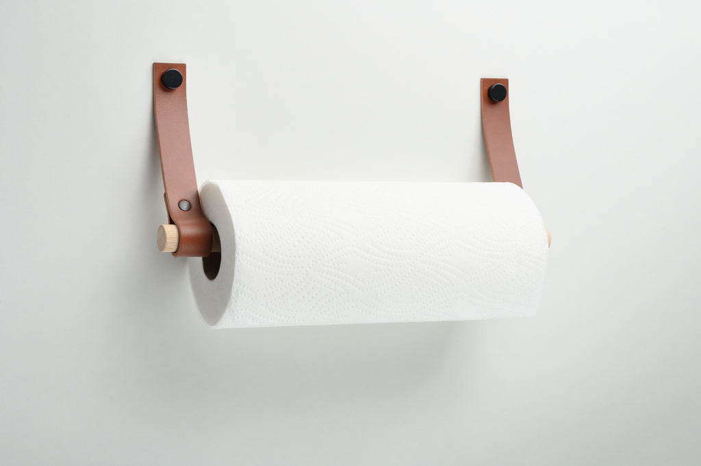 Paper towel holder from leather, wood / Kitchen roll holder