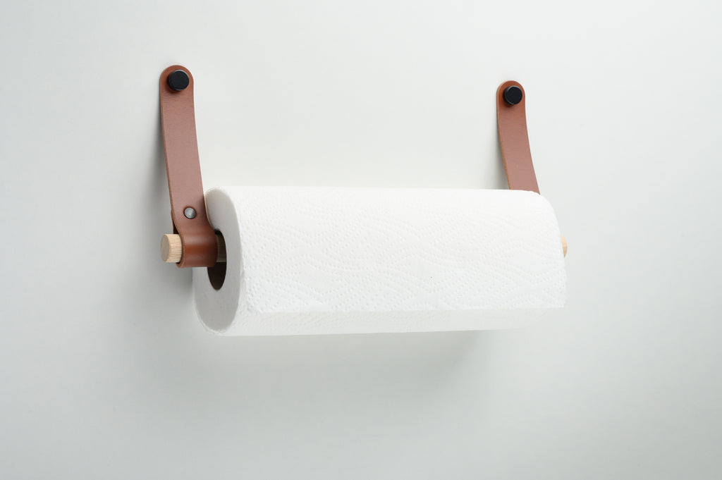 Paper towel holder from leather, wood / Kitchen roll holder, rounded e –  Rowzec Design