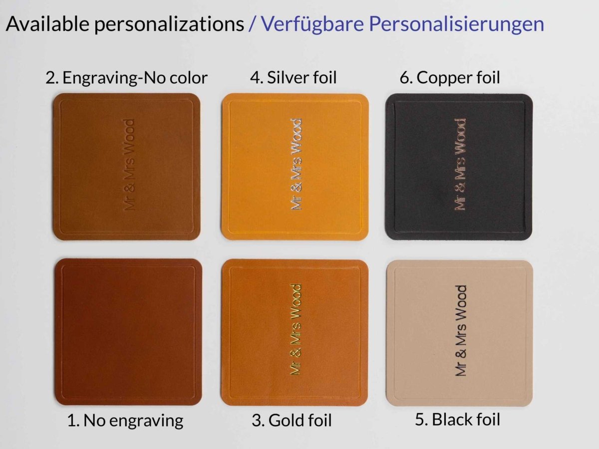 Personalized Italian leather coasters in six colors with engraving and foil stamping options including silver, gold, black, and copper.