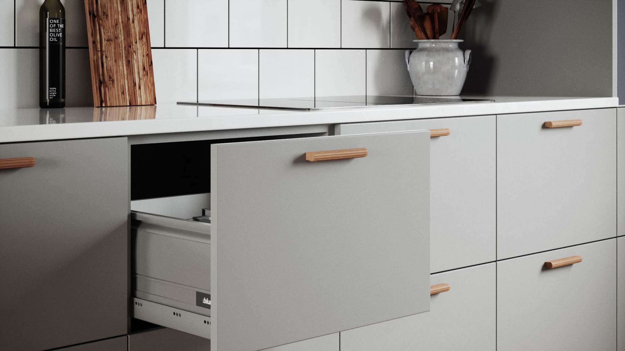 ribbed beech wood cabinet handle on light grey kitchen cabinets
