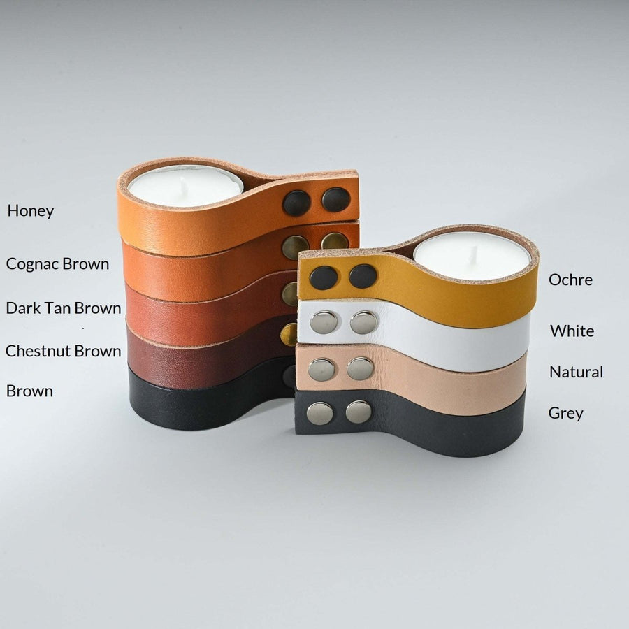 stacked leather candle holders for tealight candles in multiple colors