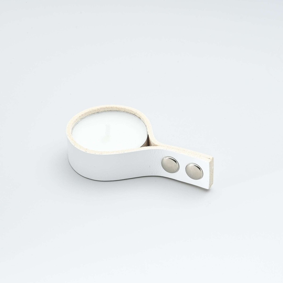 white leather candle holder for tealight candles with straight ends minimalist design
