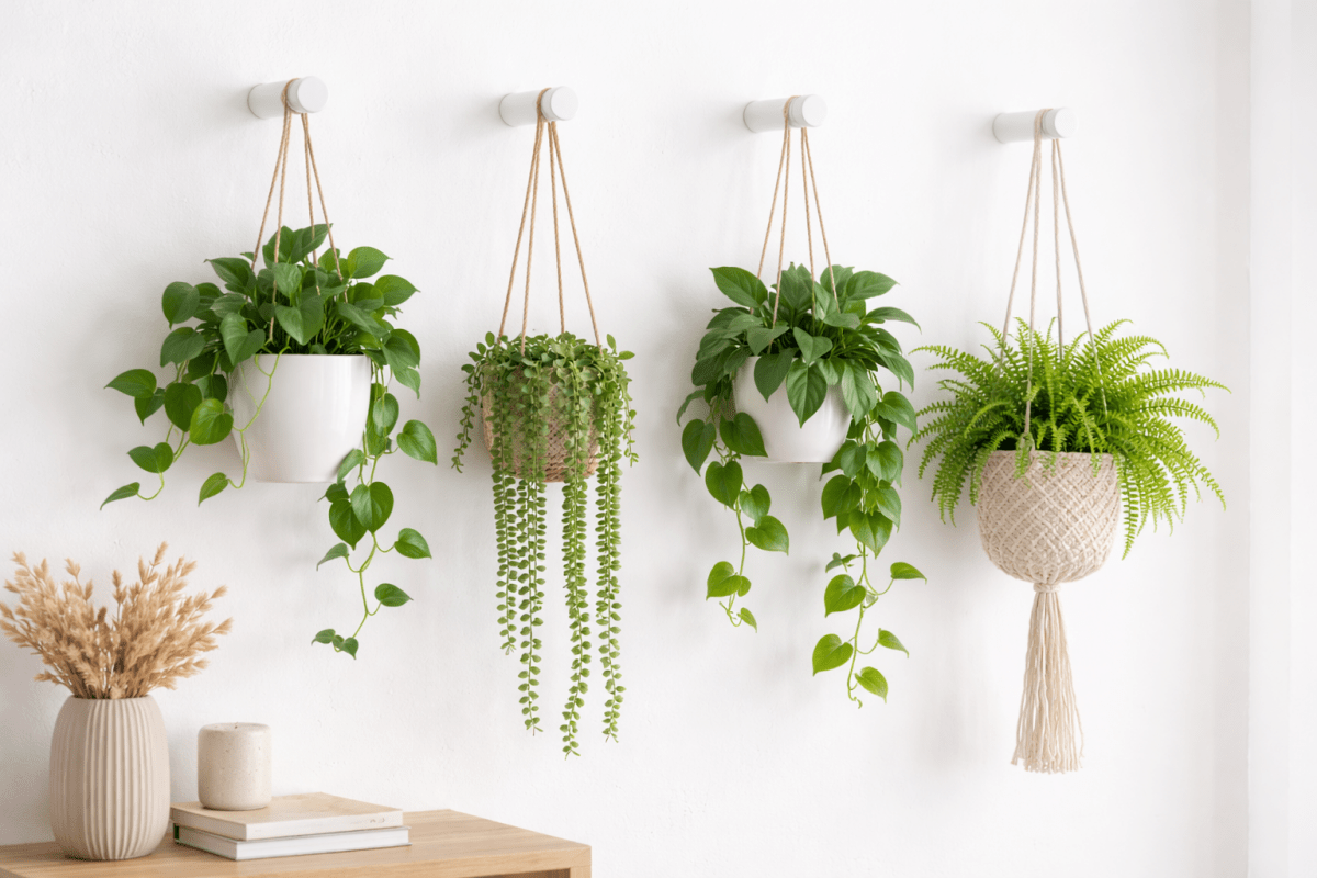lifestyle picture showing 4 white wood wall hooks with planters hanging from each one