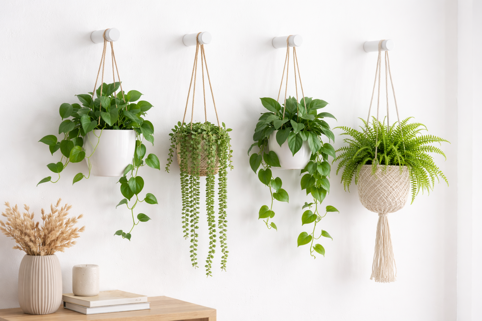 Foto di arredamento che mostra 4 ganci da parete in legno bianco con vasi appesi a ciascuno di essi