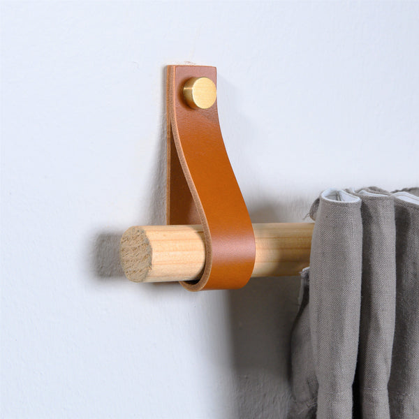 leather curtain rod holder cognac brown