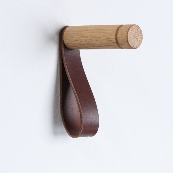 wood wall hook chestnut brown leather