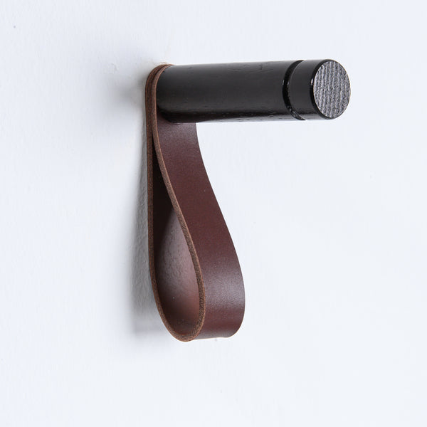 wood wall hook chestnut leather strap