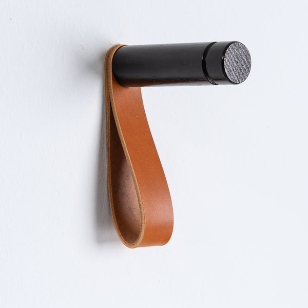 wood wall hook cognac leather strap